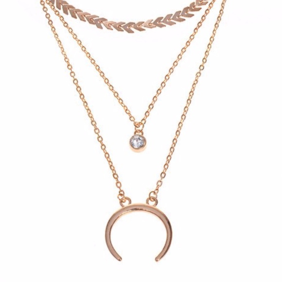 Gold Crescent Moon CZ Herringbone Choker Necklace - Picture 3 of 5